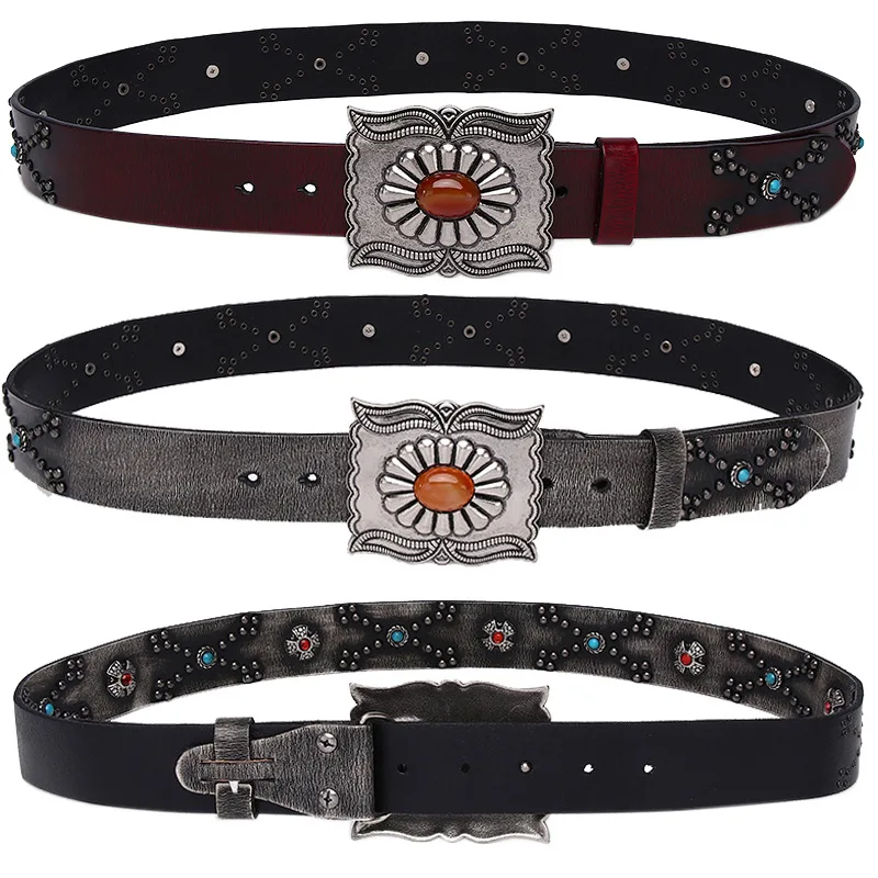 

3.8CM Width New Fashion Belt Men Women Rivet Rhinestones Decorative Punk Style Genuine Cow Leather Belt for Jeans