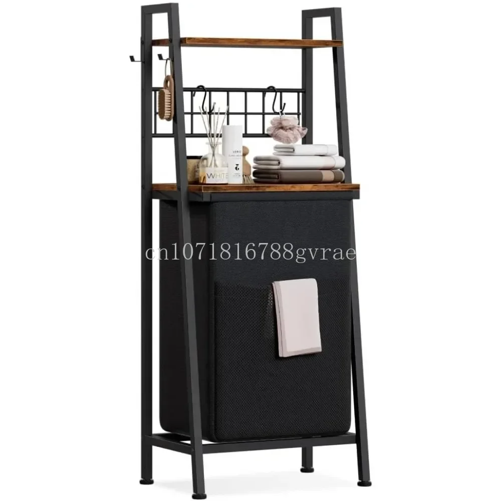 2-х ярусная корзина для белья с деревянной полкой и крючками вертикальная