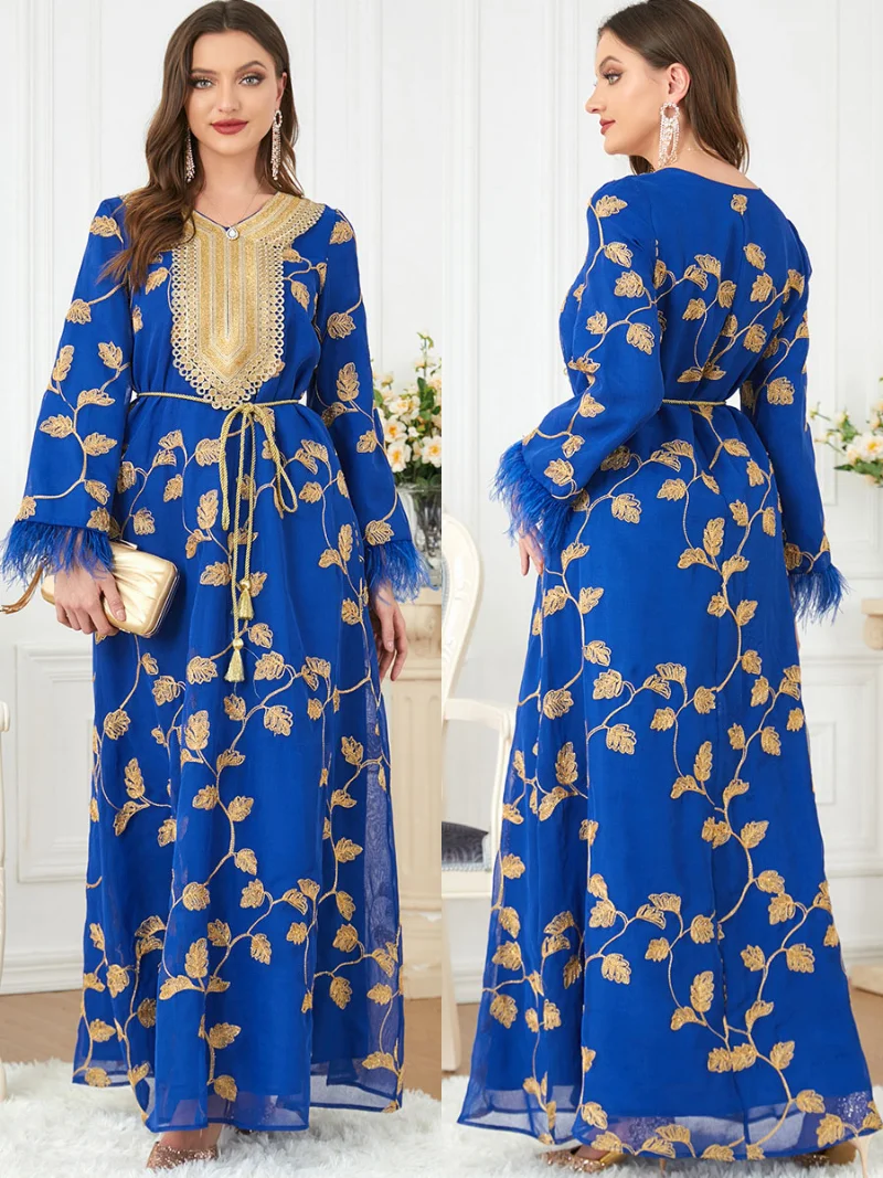 Moroccan Embroidered Kaftan Gulf Jalabiya for Women Feather Blue Evening Dresses Arabic Formal Gowns Muslim Ramadan Eid Abaya