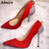 red silver crystal pumps crystal back heel slip on stilettos high heel pumps silk women shoes fashion shiny shoes for women