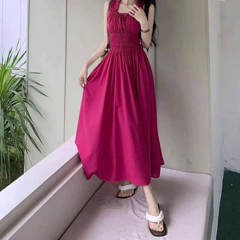 

Женское винтажное платье-комбинация, розово-Красное Длинное плиссированное платье во французском стиле с поясом, лето