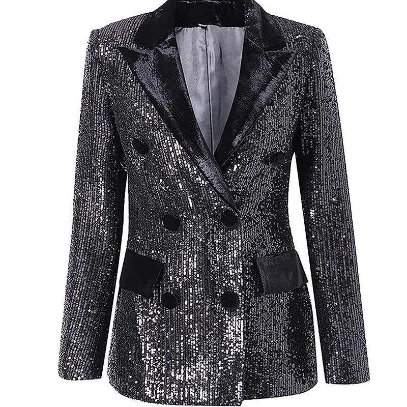 Women's Shiny Sequins Lapel Jacket Spring Black Double Breasted Outwear Lady Business Office Work Blazer Suits Party Dinner Prom
