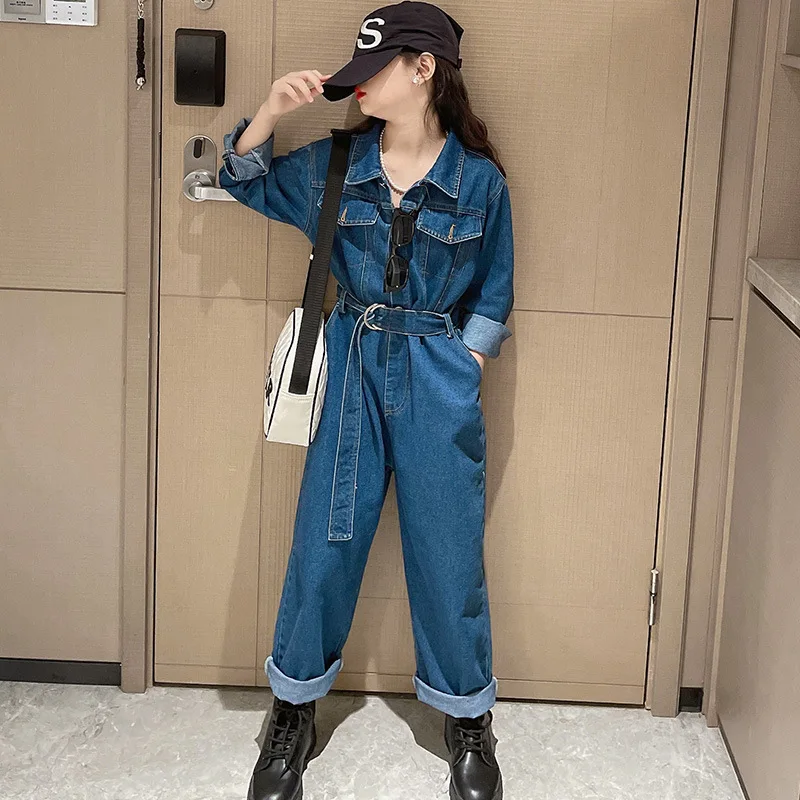 

Teenage Girls Jumpsuit Blue Denim Overalls for Kids Spring Autumn Cool School Girls Playsuits 12 13 14 Years Childrens Costumes