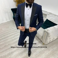 fashion black suits for mens slim fit 2 piece jacket pants set groom wedding peaked lapel tuxedo formal business costume homme