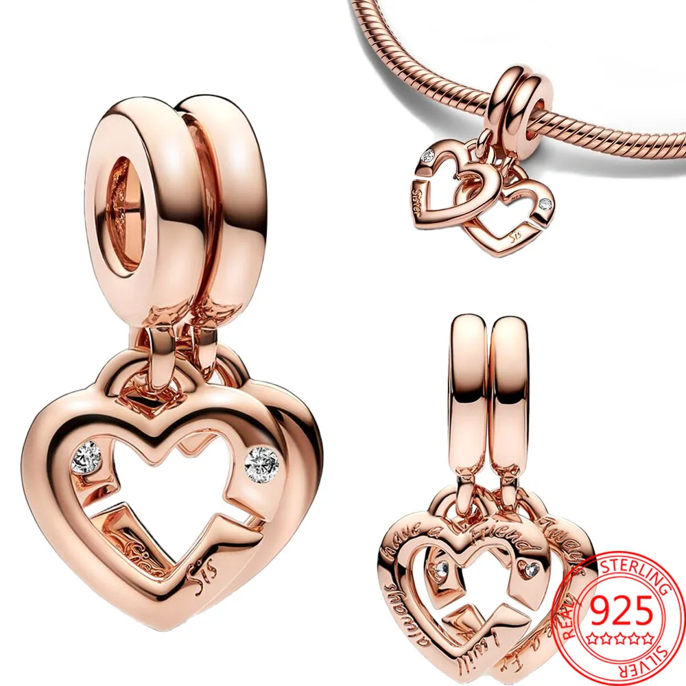 

Gorgeous 925 Silver Rose Gold Linked Sister Hearts Split Pendant Charm Fit Pandora Silver Bracelet DIY Jewelry Gift Making