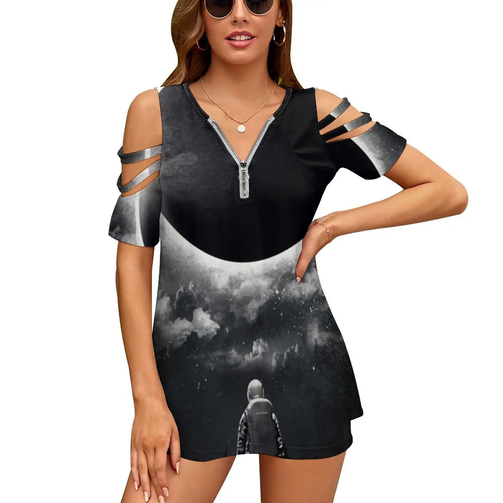 

Женская рубашка с коротким рукавом, топ на молнии с открытыми плечами, луна, солнце, звезды, космос, астронавт, облака, космос, Солнечная Лунн...