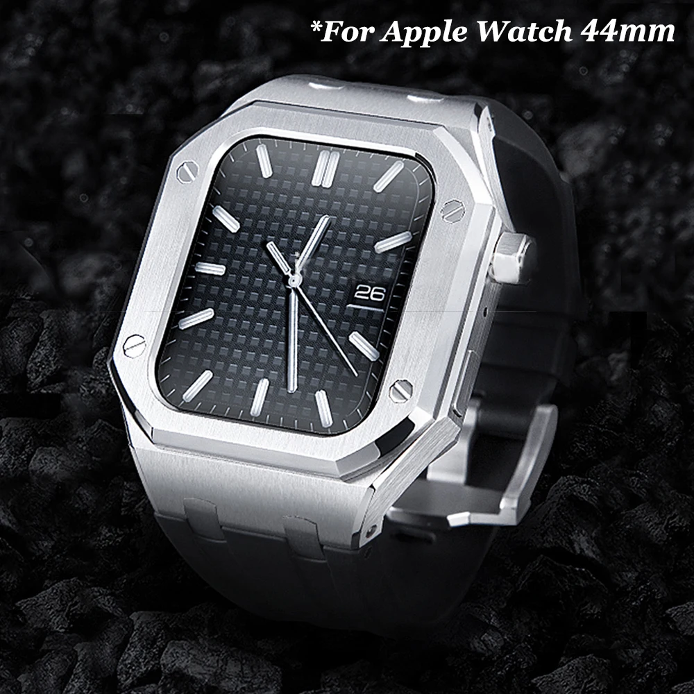 

DIY Modification Kit Stainless Steel Case For Apple Watch Series 44mm Men Rubber Set for iWatch 6 5 4 SE 44MM Luxury Metal Cover