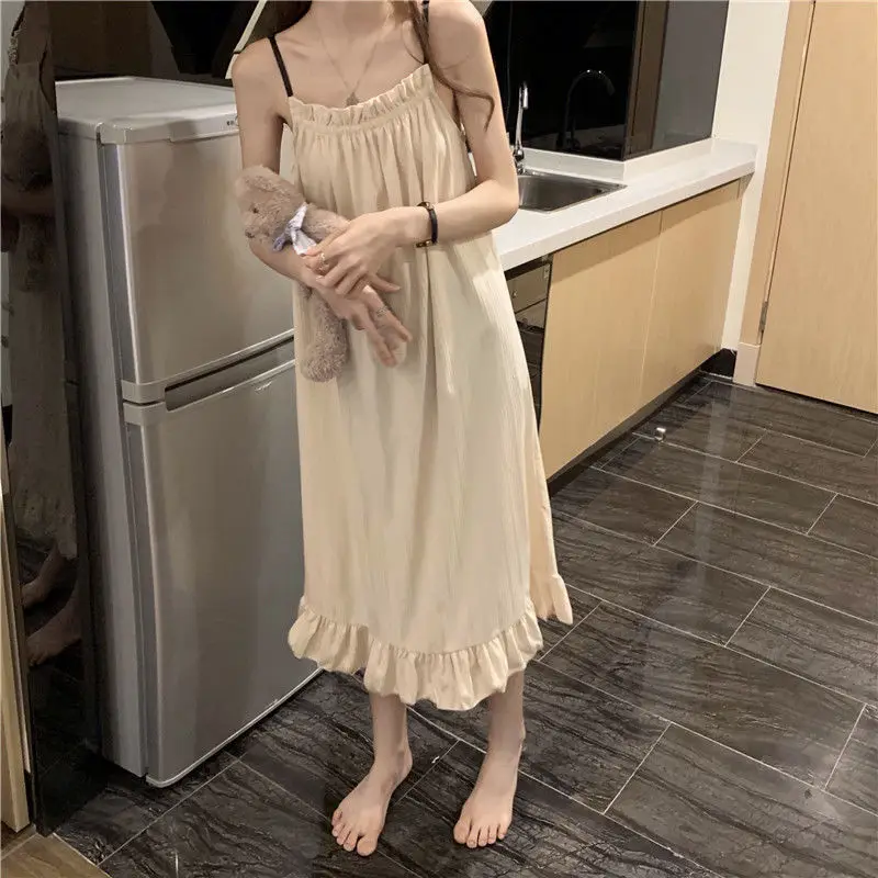 

Ruffles Night Dress Women Korean Style Pajamas Spaghtti Strap Solid Home Wears for Women Loose Nightgown for Sleep Ladies 2023