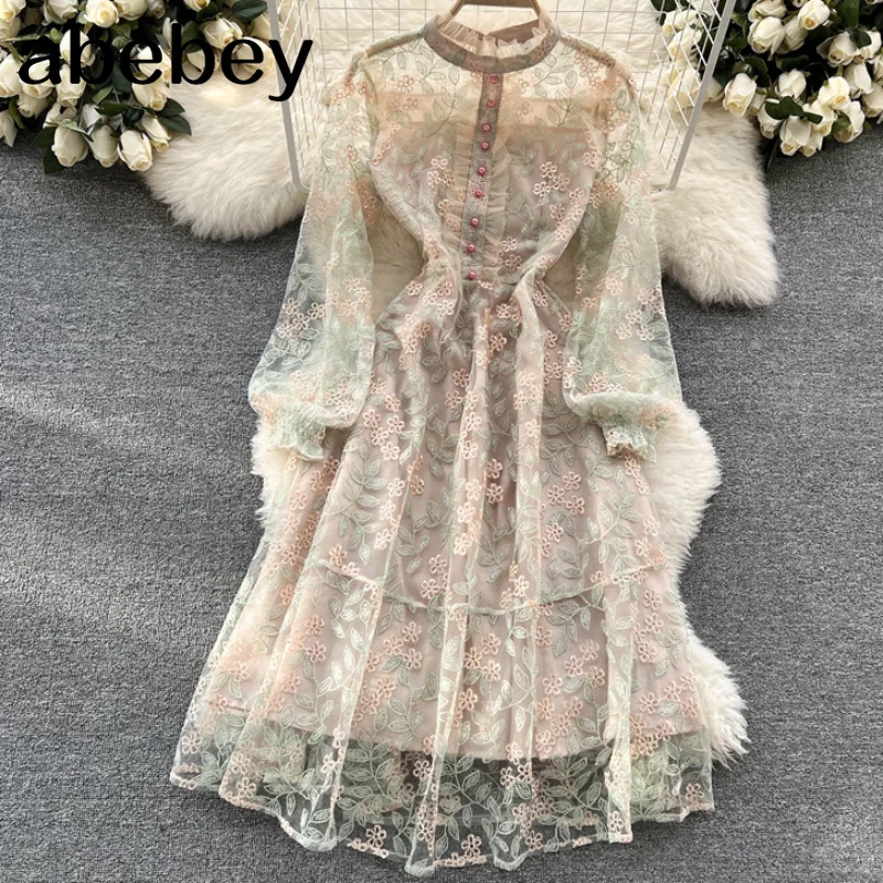 

French Mesh Embroidery Dresses Women Fashion Temperament A-line Dress 2022 Spring Elegant Gentle Evening Party Dress