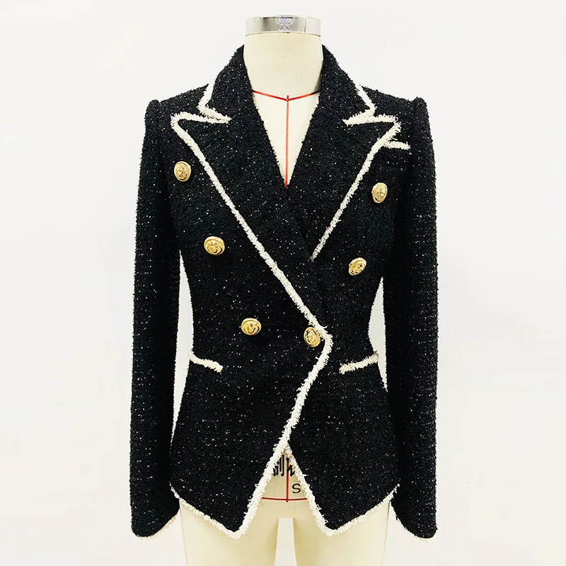 

Весна-Осень 2023 Новинка европейский и американский звезды черный топ с бахромой белый шерстяной двубортный приталенный костюм с металлическими пуговицами