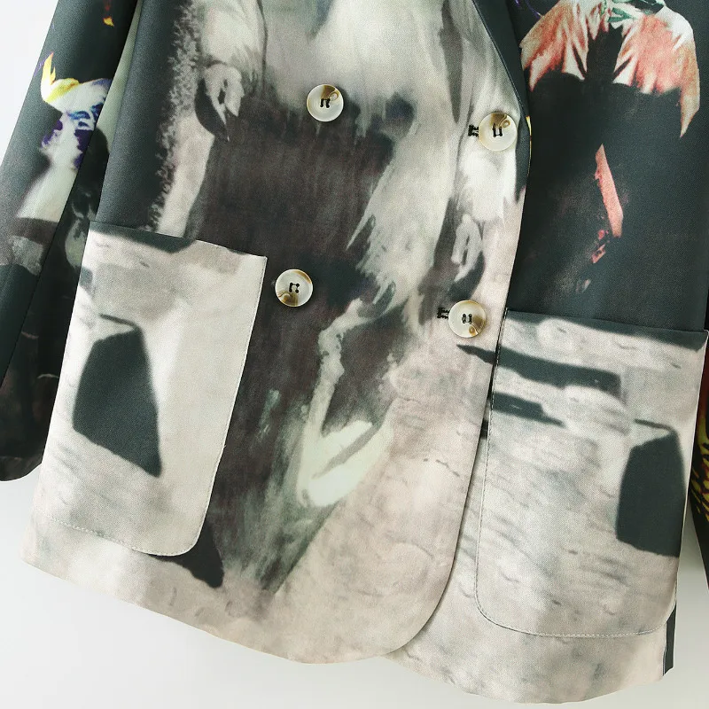 2023 Women Tie-dyed Printed Blazer Tide V-neck Double Breasted Long Sleeve Temperament Blazer Coats Spring Autumn New Fashion