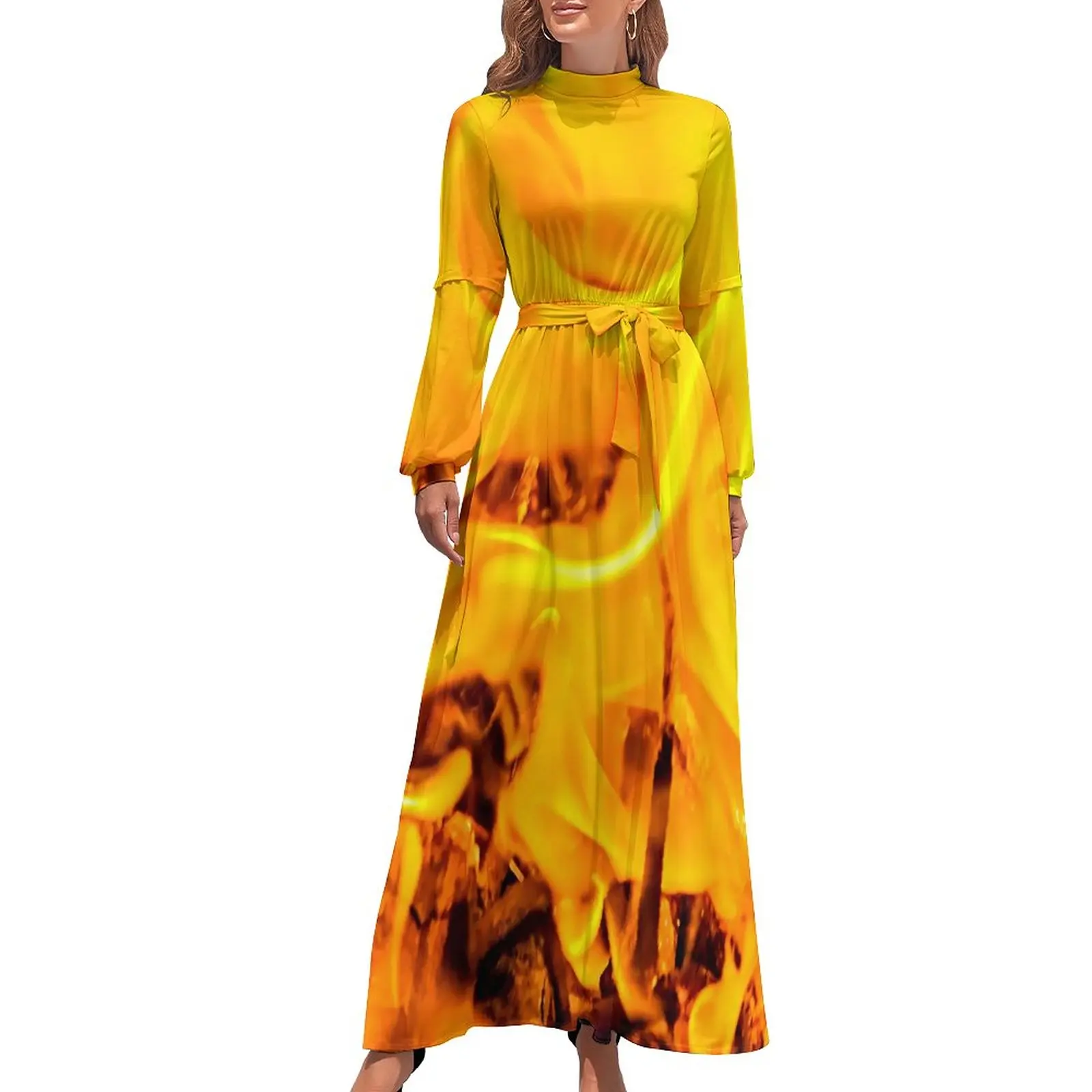 

Fire And Flames Dress High Neck Abstract Print Graphic Bohemia Dresses Long Sleeve Korean Fashion Long Maxi Dress Sexy Clothing