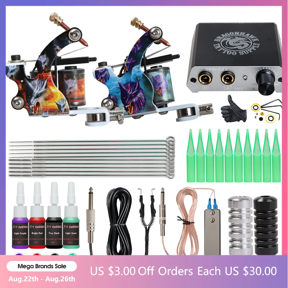 Cheap Complete Beginner Tattoo Kit Mini Tattoo Power Supply Cheap Tattoo Kit Grips Needles Tips Supplies with New Long Needles