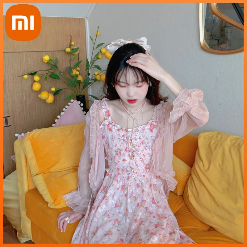 

Xiaomi Vintage Fairy Floral Dress Women Spring French Chiffon Strap Midi Dress Female Casual Kawaii Sleeveless Party Dress