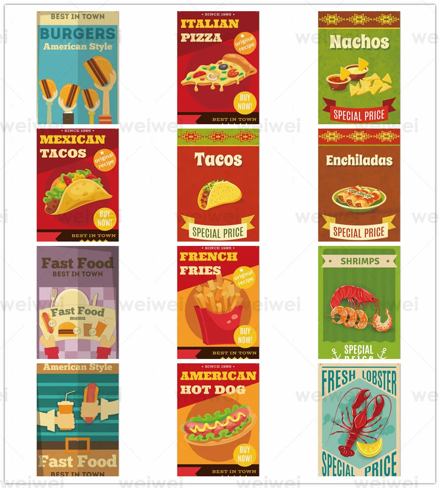 

Fast Food Metal Plaque Pizza Fries Hamburger Metal Tin Sign Vintage Store Shop Retro Metal Tin Sign Poster Painting Decoration