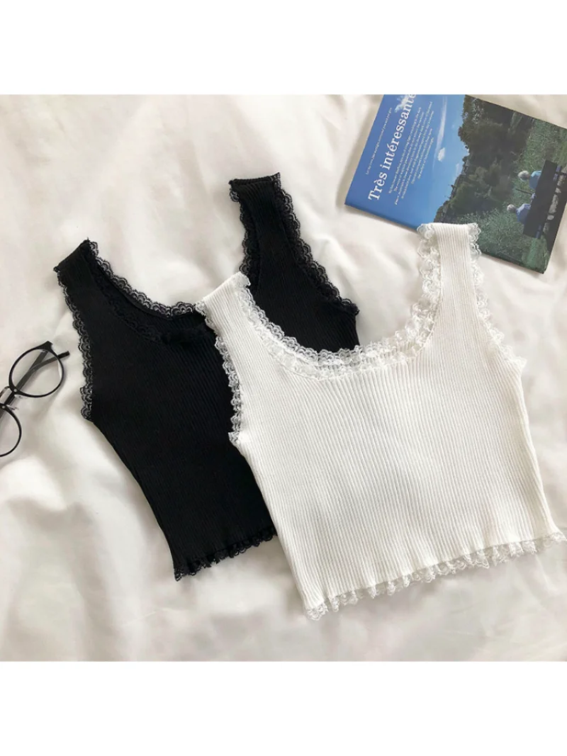 

Summer Tank Tops Women Sexy Lace Up Crop Knitted Top Girls Basic Solid Sleeveless Crop Tops Square Neck Camisole Ladies