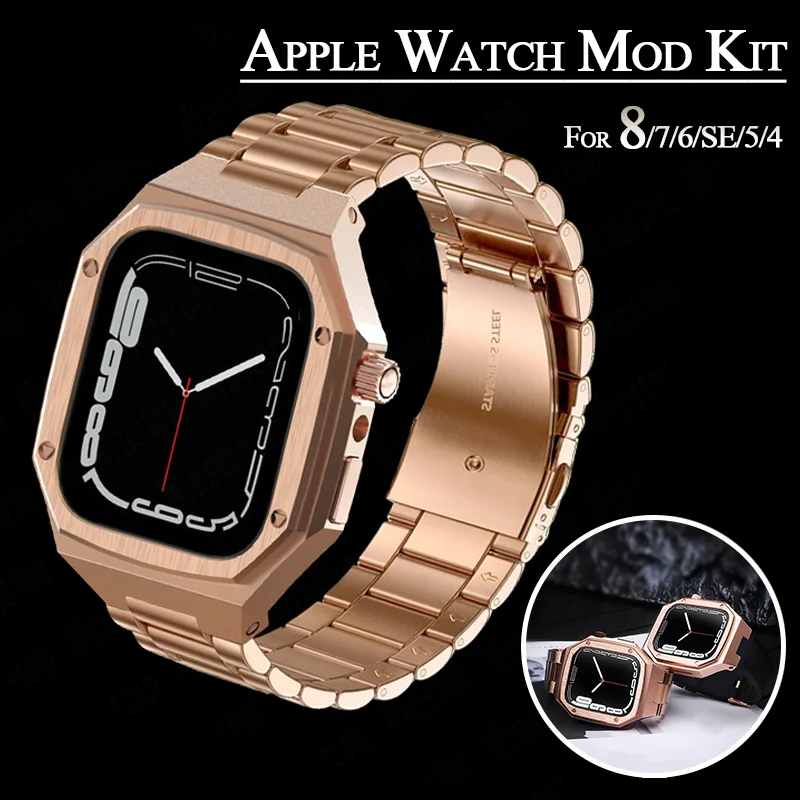 

Latest Modification Kit for Apple Watch 8 7 45mm 44MM Bezel Case Strap Refit Mod Kit Metal Steel Band for IWatch 6 5 4 SE Set