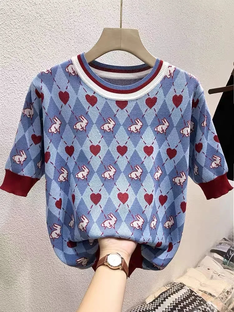 

Summer Short Sleeve Knitted Sweater Women's Pullover 2022 New Casual Loose Retro Love Jacquard Knitwear Tops Woman Jumper