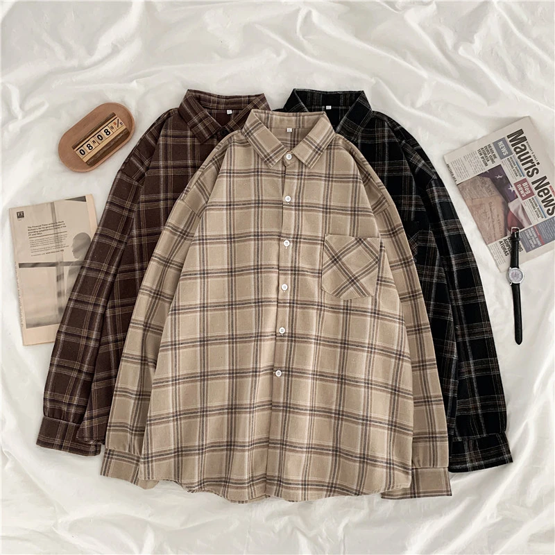 

2023 Autumn Casual Vintage Plaid Shirts Fashion Women Korean Style Long Sleeve Button Up Shirt Tops Office Blusas Elegant 29399