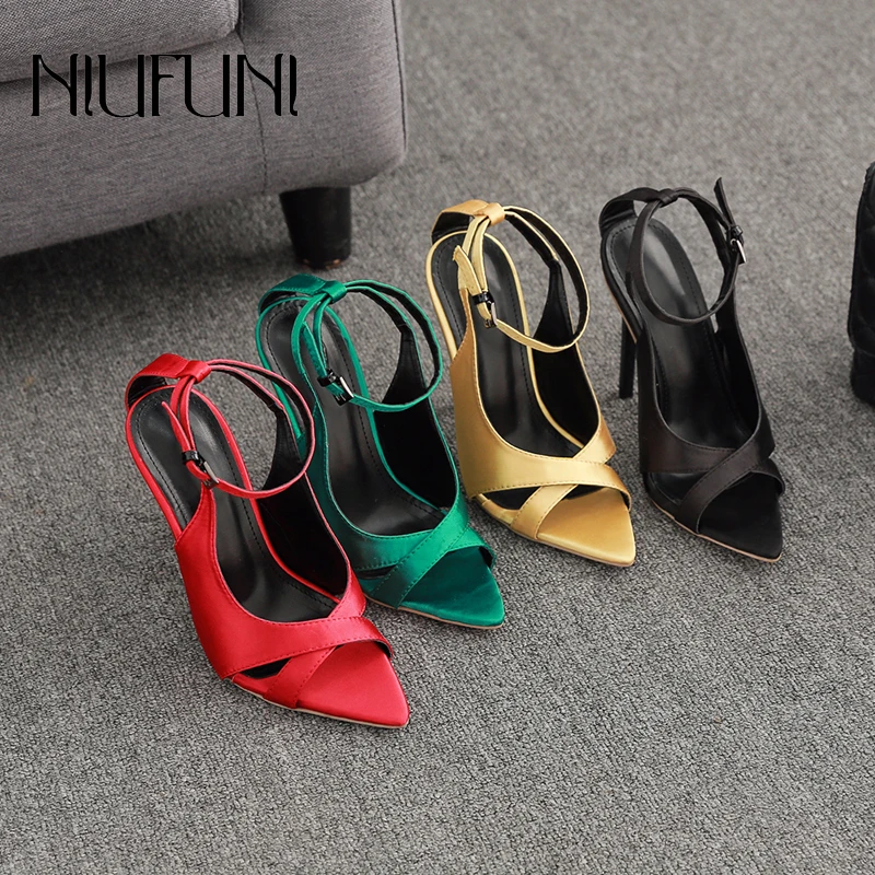 

Sexy Silk Cross Ankle Straps Buckle Women Sandals Shoes High Heels Pointed Peep Toes Stiletto Size 35-42 Hollow Slingback Pumps