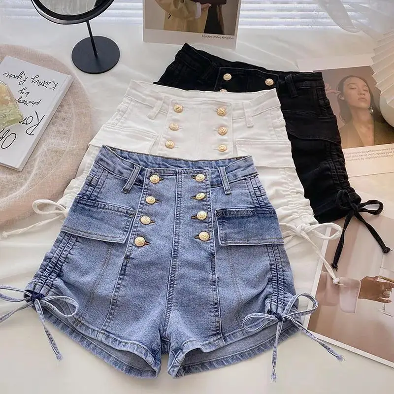 

Casual High Waist Drawstring Wide Leg Pants Women's 2022 Summer New Double Breasted Slim Denim Shorts Women