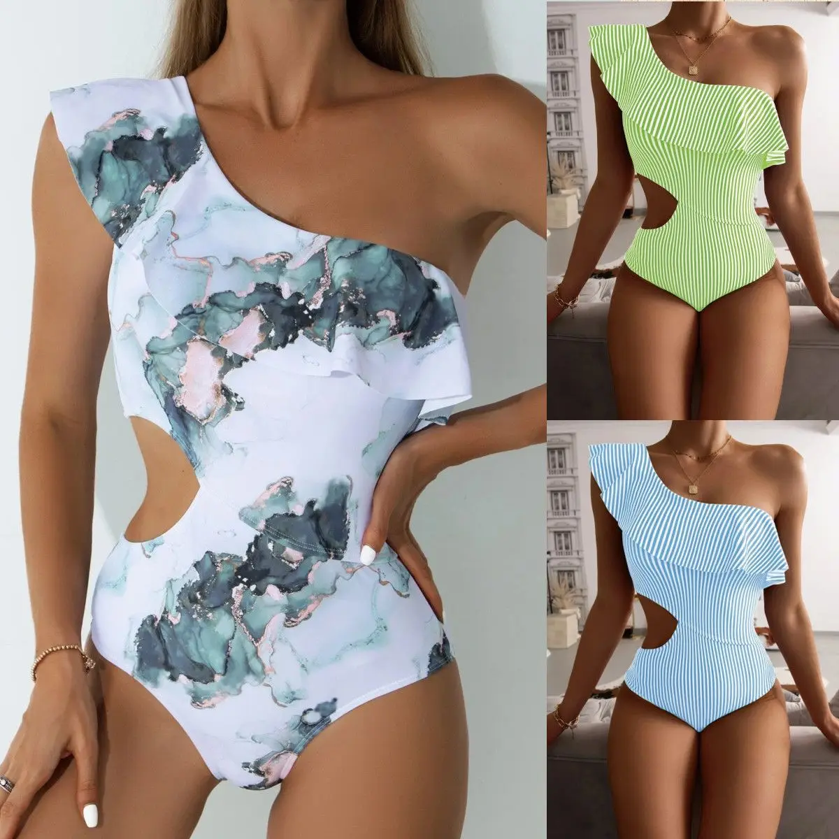 

2022 Summer New One Piece Swimsuit Women Striped Bikini One Shoulder Lace Sexy Backless Swimsuit Beach Swimwear