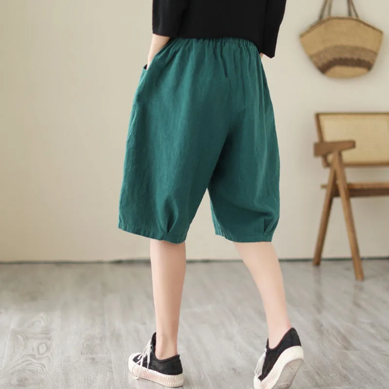 Cotton Linen Capris Elastic Waist Trousers Casual Loose Shorts Women Solid High Waist Pocket Wide Leg Pants 2023 Summer New
