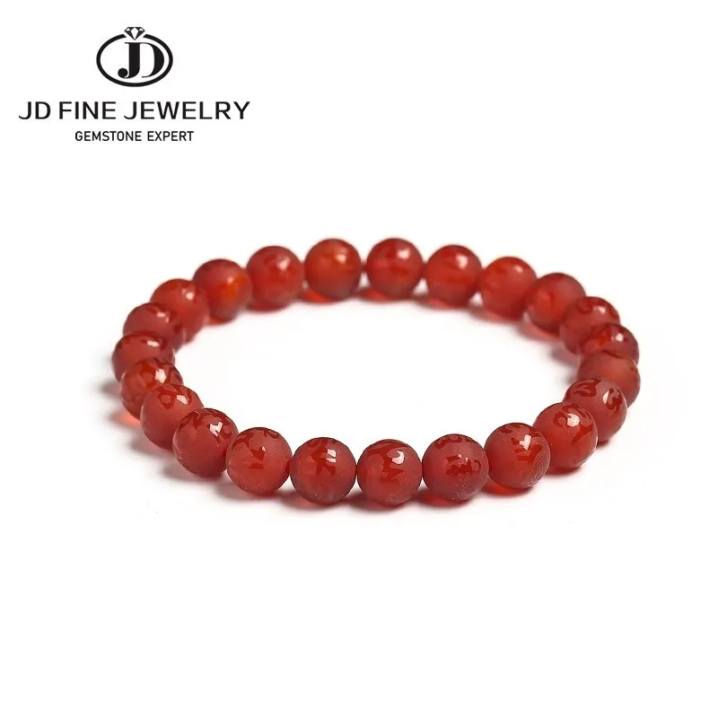 

JD Natural Frosted Red Agate The Six-Word Admonition Bracelet Women Fashion Single Round Beads Elastic Bangles Yoga Energy Gift