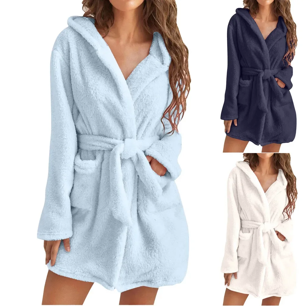 

Женский плюшевый купальный халат, зимний теплый флисовый Халат с капюшоном, халат, Пижама, халат для душа, домашнее пальто, одежда для сна