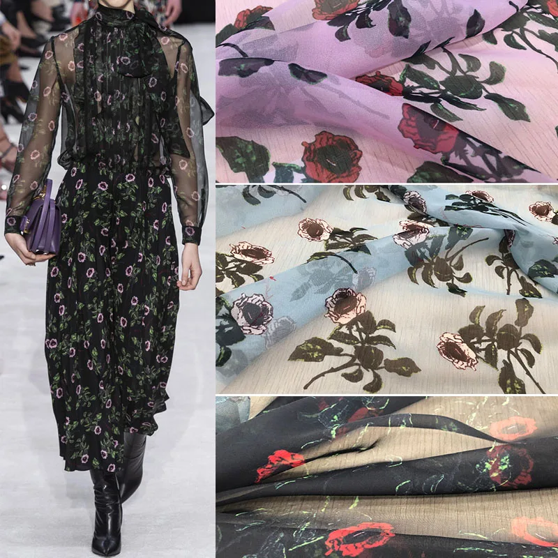 Europe And America Small Flower With Letter Printed Thin Chiffon Fabric For Women Dress Blouse Tuch Ткань Tela Tessuto DIY Cloth
