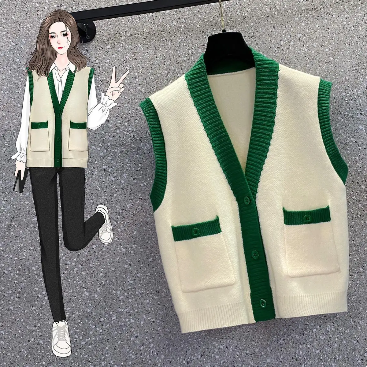 Black Green Stitch Vests Spring Autumn Winter Knitted Vintage Cardigan Fashion Woman Elegant Women'S Sweaters 2022 Female Coats