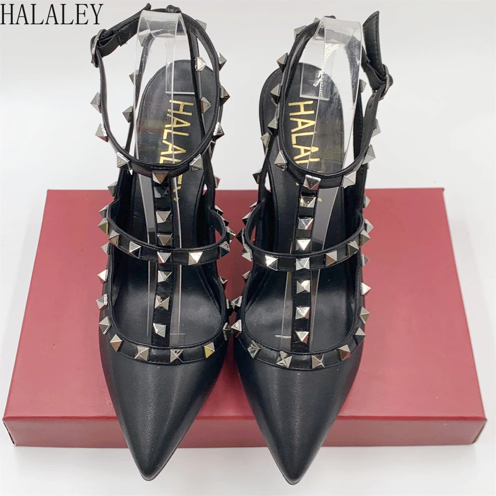 

HALALEY 6cm 8cm 10cm High Heels Women Black Matte Pointy Toe Gladiator Stiletto Sandals Studs Rivets Sexy Pumps Plus Size 34-44