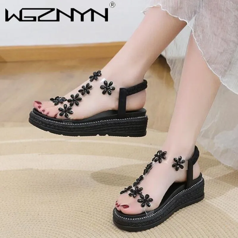 

Women's Sandals 2022 Summer New Korean Style Gentle Fairy Lady Style One Strap Platform Shoes Fashion Elastic Platform Sandals