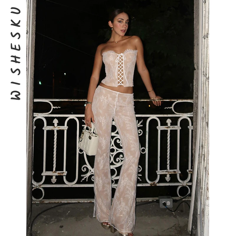 

Two Piece Set Women Embroidery Outfits Sexy Strapless Lace Up Corset Crop Top+High Waist Slim Flare Pants 2023Summer Y2K Clothes