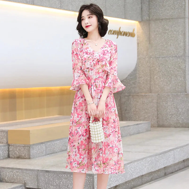 

Elegant Fashion Flowers Print Ruffles Half Sleeve Dress Women 2022 Summer Ladies Chiffon Office Lady V-nekc Slim Beach Dresses