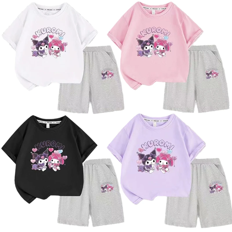

Kawaii Sanrio Anime Hobby Kuromi My Melody Summer Cartoon Kids Cotton Short Sleeve Shorts Two-Piece Set Casual Wear