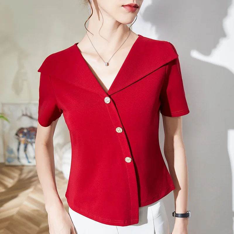 

New 2023 Summer Short Sleeved Women's T-Shirt Fashion Casual French Retro Solid Color Tops Blusas