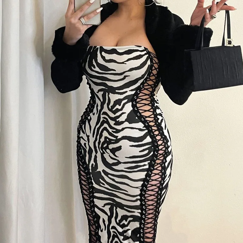 

FTS Summer Zebra Print Midi Dress For Women Sexy Off-Shoulder Slim Fit Hip Elegant Evening Dress Female Clothing 2022