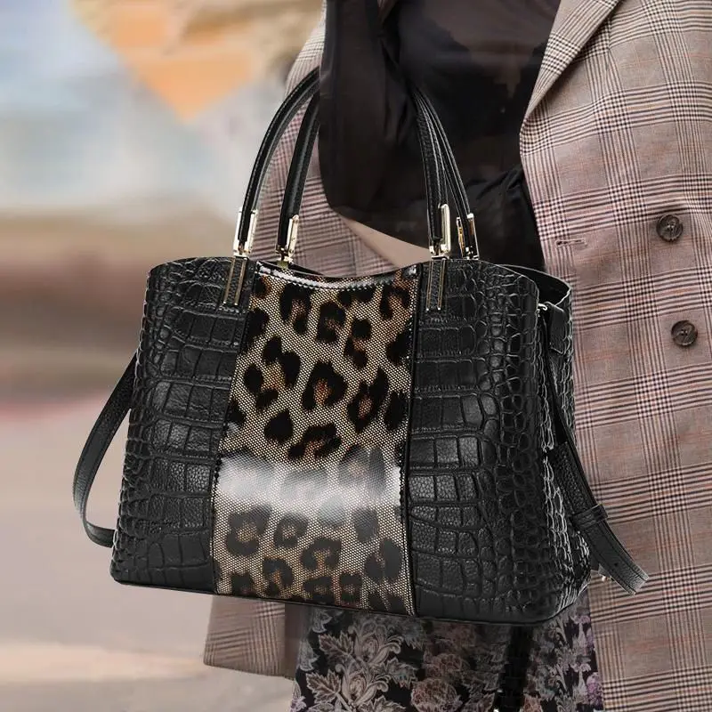 New Fashion leopard Women Handbag Genuine Leather Shoulder Bags Female Brand Luxury Real Natural Alligator Leather Crossbody Bag