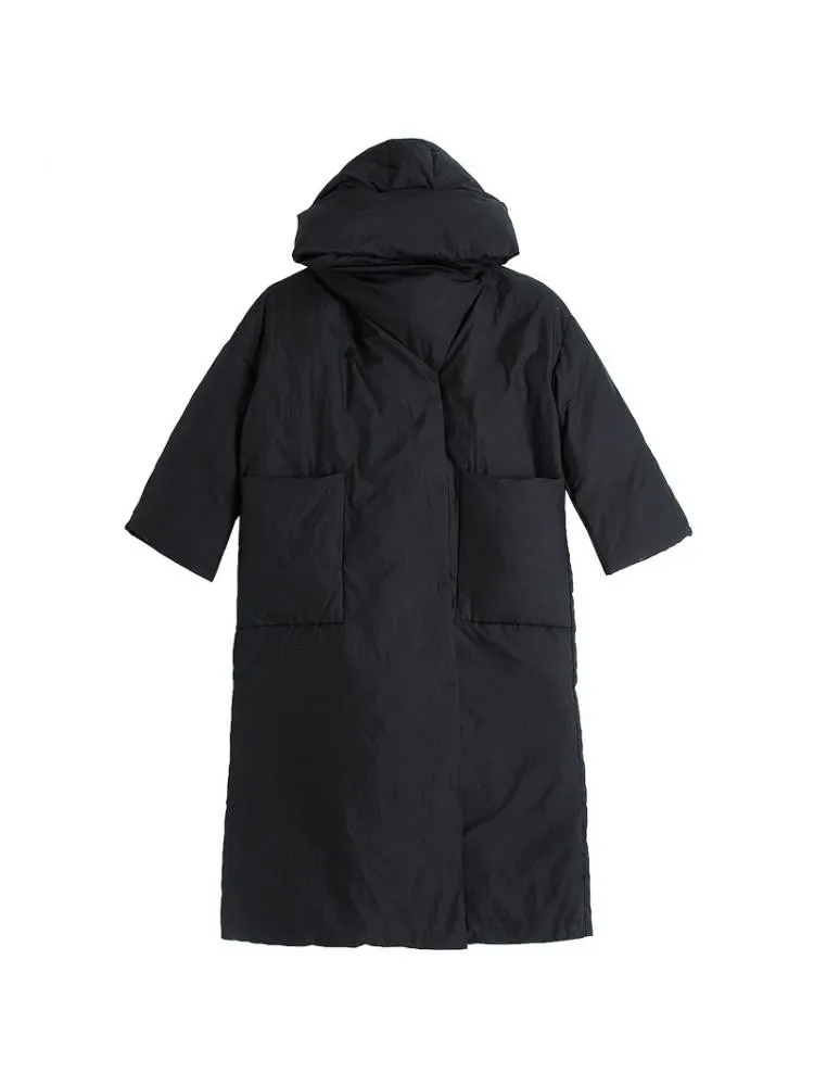 2022 Winter Korean Version Long Thicked Hooded 90 White Duck Down Coats Women High End Loose Black Warmer Bread Cloth Jackets