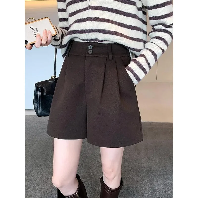 Korean Female High Waist Woolen Shorts Autumn Winter Ladies Leisure A-line Wide Leg Boots Pantalons New Women Fashion Trousers