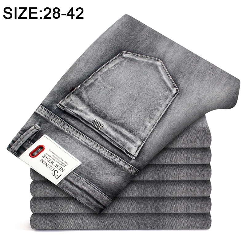 

Smoke Grey Men Jeans Spring New Slim Stretch Cotton Simple Casual Comfortable Male Brand Clothing Denim Trousers 40 42