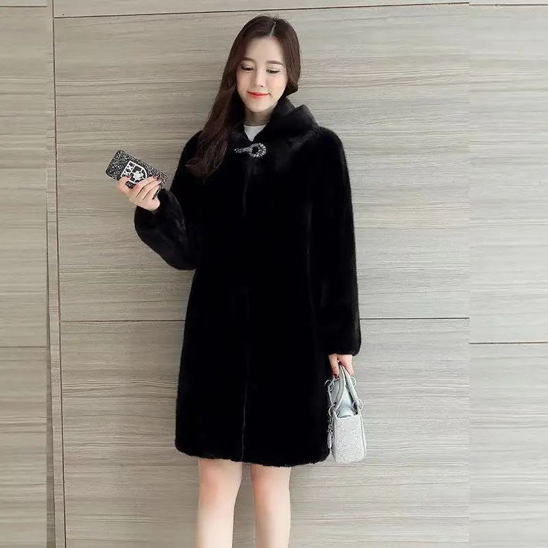 New Waterproof Imitation Mink Coat Women's Medium Length Imitation Fur Coat 2022 Mink with Hooded Imitation Mink