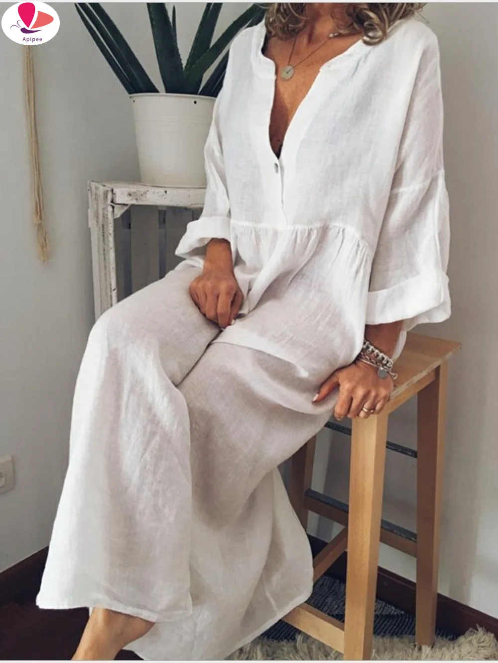 

White Linen Long Dress Women Summer Casual Loose Maxi Thin Dress V Neck Black Robe Female Fashion Beach Style Swing Streetwear