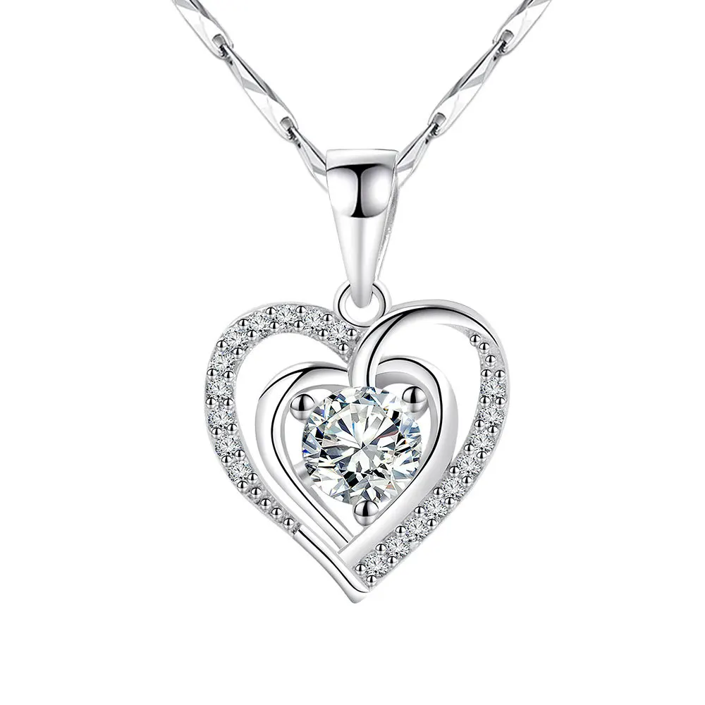

Korean Style Blue/White/Purple Zircon Heart Shaped Pendant Necklace for Women Silver Color Clavicle Chain Gift for Girlfriend