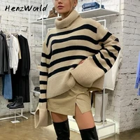 henzworld fall winter long sleeve knitted casual pullovers for women striped long sleeve turtleneck tops loose oversized sweater