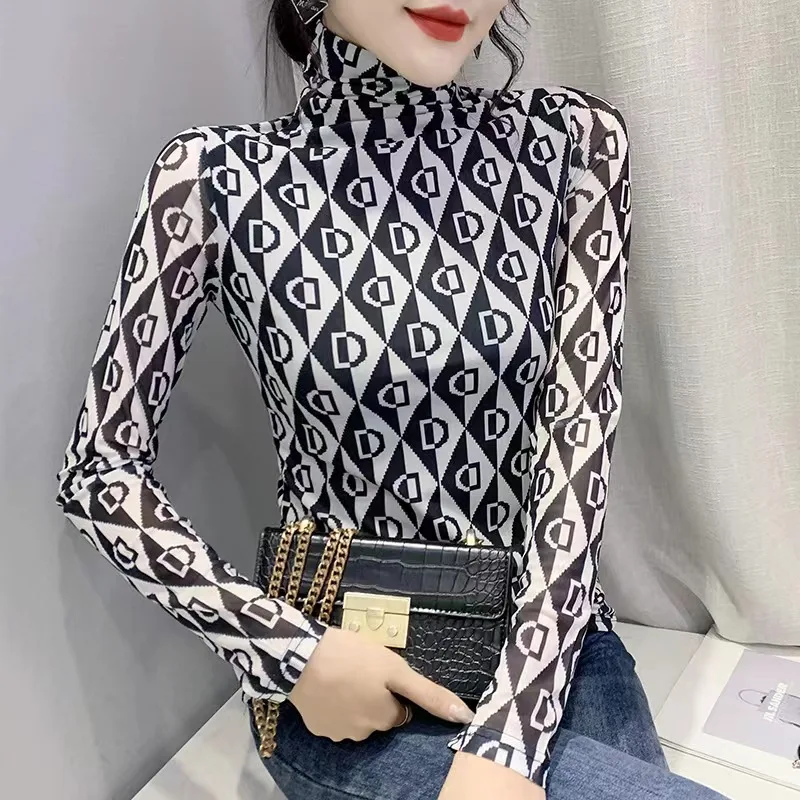

2022 Autumn New Trend Fashionable Women's Dress Skinny High Neck Gauze Net Hollow Out Sexy Foreign Style T-Shirt Top Streetwears