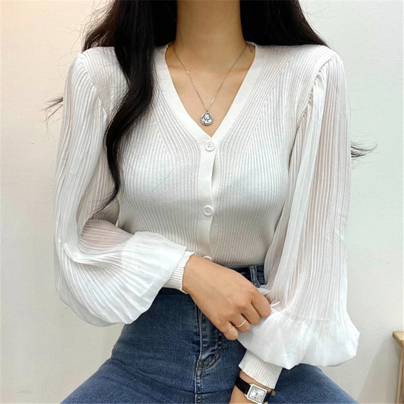 2023 Spring Summer Lantern Sleeve Chic Loose Single-breasted Women Shirts Tops Casual Turn-down Collar Female Solid Blouses