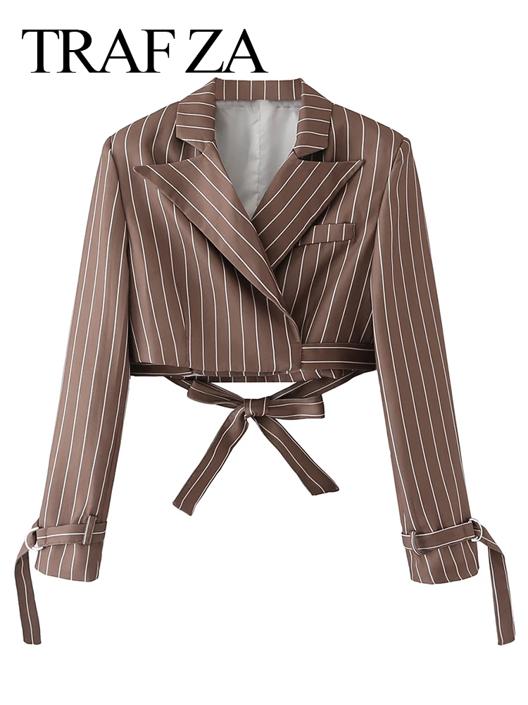 

TRAF ZA Trend High Street Lace Up Slim Long Sleeve Women's Casual Comfortable Blazer Summer Fashion Short Lady Striped Blazer