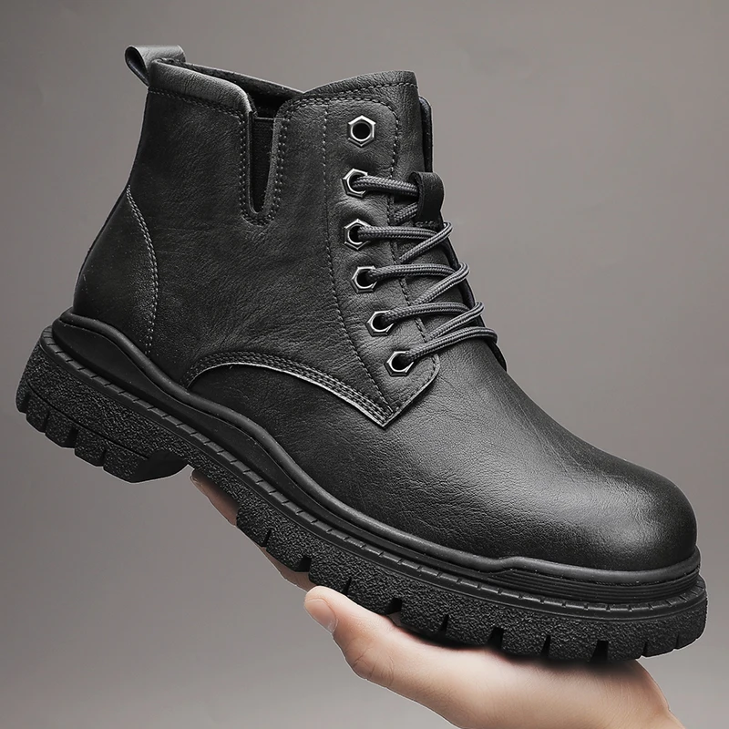 

New Men's Motorcycle Boots Thick Bottom Casual Boots Comfy Antiskid Ankle Boots Men Lace-up Tooling Boots Luxury Brand Men Boots